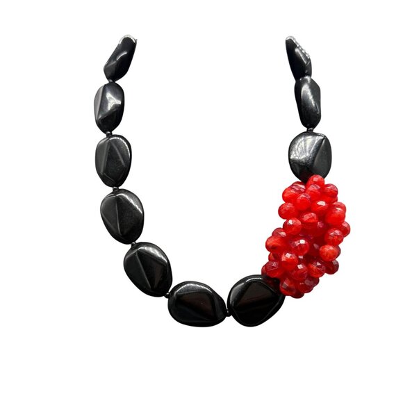 Black & Red Statement Beaded Necklace 19-22" Chunky Geometric - Picture 2 of 9